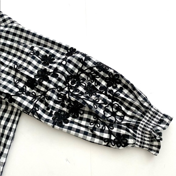 Black White Ginghamcore Prairie Embroidered Cotton Blouse Top Sz 8 Cottagecore - Picture 7 of 11